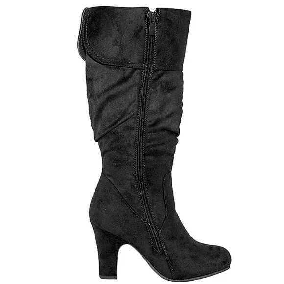 Women's Fold-Over Shaft Slouch Knee-High Suede Boots | Side Zip | Slim Heel - Picture 7 of 9